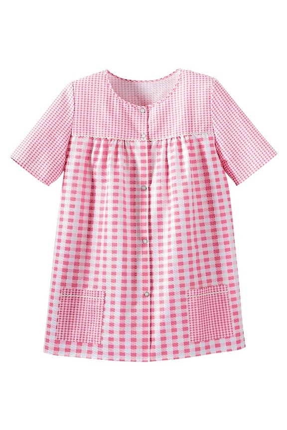 Women's Snap Front Short Sleeve Gingham Shift Seersucker Housecoat Apron Shirt