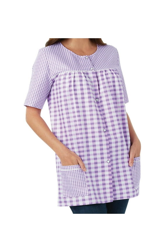 Women's Snap Front Short Sleeve Gingham Shift Seersucker Housecoat Apron Shirt Lilac