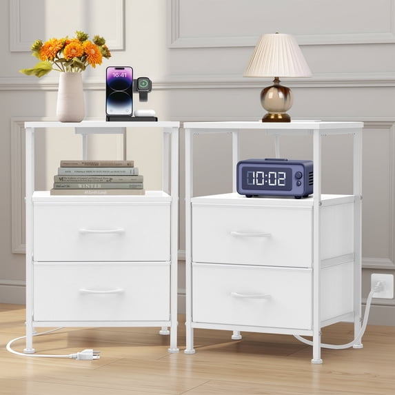 EZKAMFORT Nightstands for Bedroom Set of 2, Nightstands Set of 2, Small Nightstands with Usb Ports and Outlets, White Bedside Table
