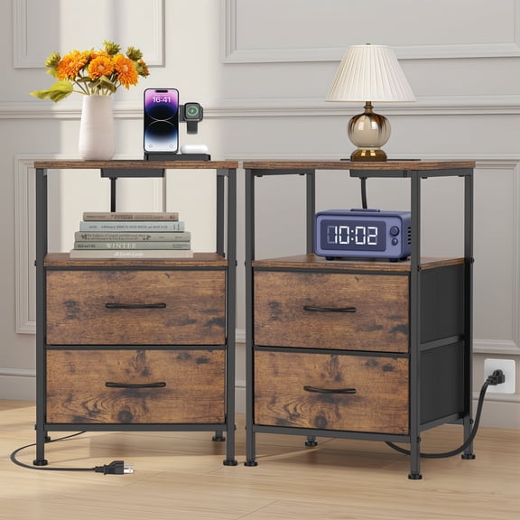 EZKAMFORT Nightstands for Bedroom Set of 2, Nightstands Set of 2, Small Nightstands with Usb Ports and Outlets, Rustic Brown Bedside Table