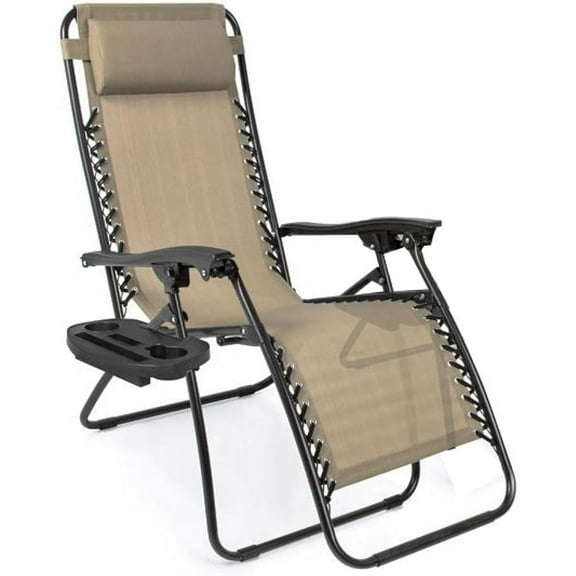 EZONE 1 Chair  Lounge Chairs Outdoor Adjustable Reclining Patio Chair Steel Mesh Folding Recliner for Pool Beach Camping Lounge Chair with Pillows and Cup Tray (1, Beige)