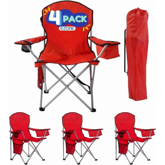 EZONE Set of 4 Camping Chairs with Built-in Ice Cooler, Portable Chair, Storage Pocket, Cup Holder, and Carry Bag Perfect for Camping, Tailgating, Fishing, Beach, and Lawn (4, Red)