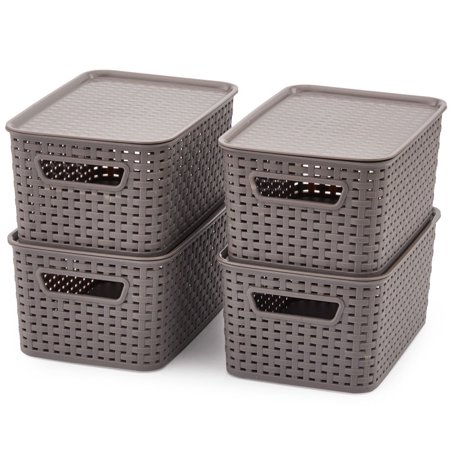 EZOWare 4pc Small Lidded Gray Plastic Knit Baskets, Stackable Household Storage Organizer Container Boxes , 11" x 7.3" x 5"