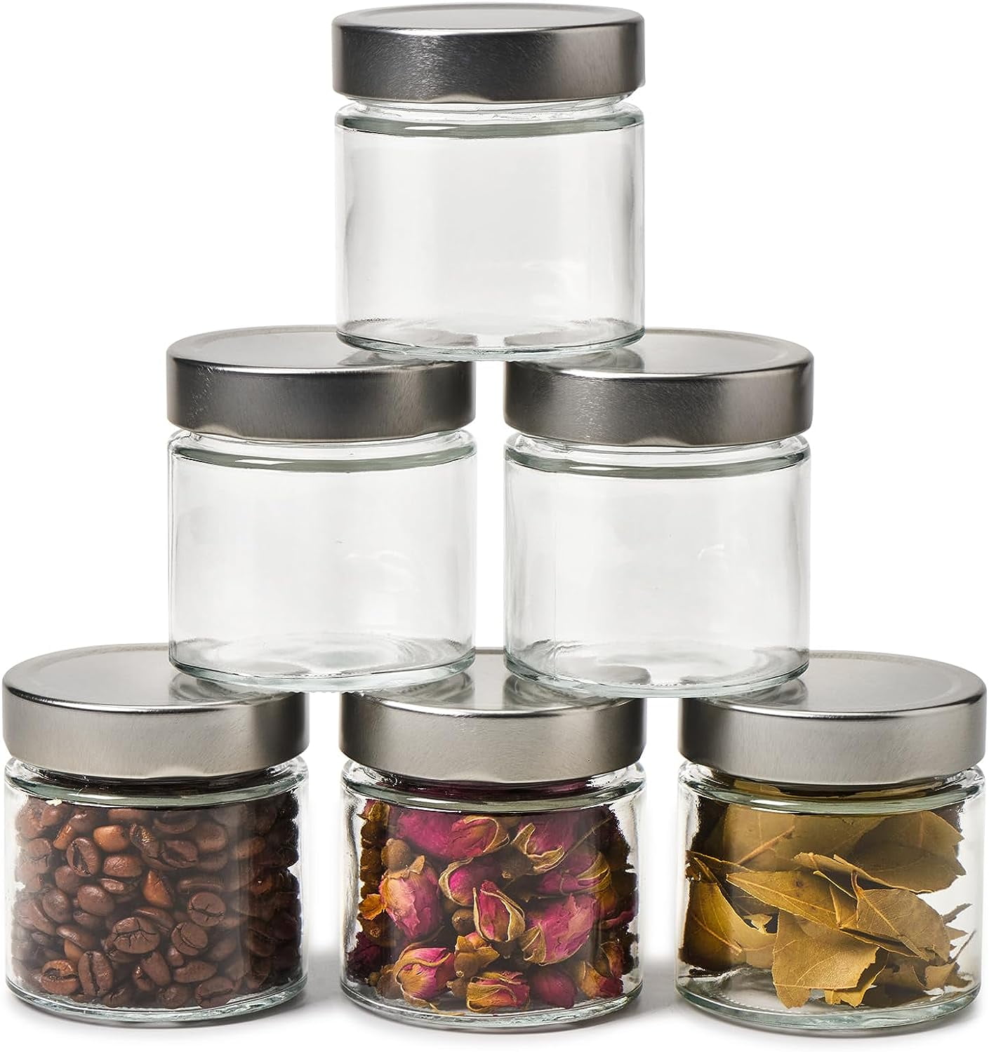 EZOWare 6oz Airtight Glass Jars with Brushed Silver Lids, Set of 6