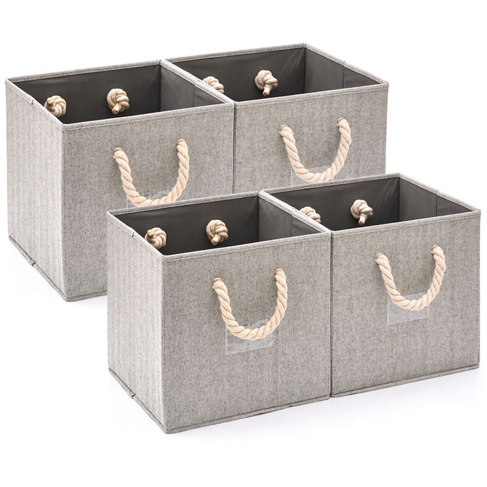 [Set of 4] Foldable Fabric Storage Cube Bins with Cotton Rope Handle  Collapsible Resistant Basket Box Organizer for Shelves Closet Toys and More - Gray 12x12x12 inch