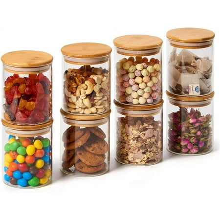 EZOWare Set of 8 Glass Food Jars with Airtight Natural Bamboo Lids, 450ml/15.2oz Kitchen Clear Canister Storage Container Set for Storing Candy, Cookie, Rice, Sugar, Flour, Spices, Nuts, Coffee