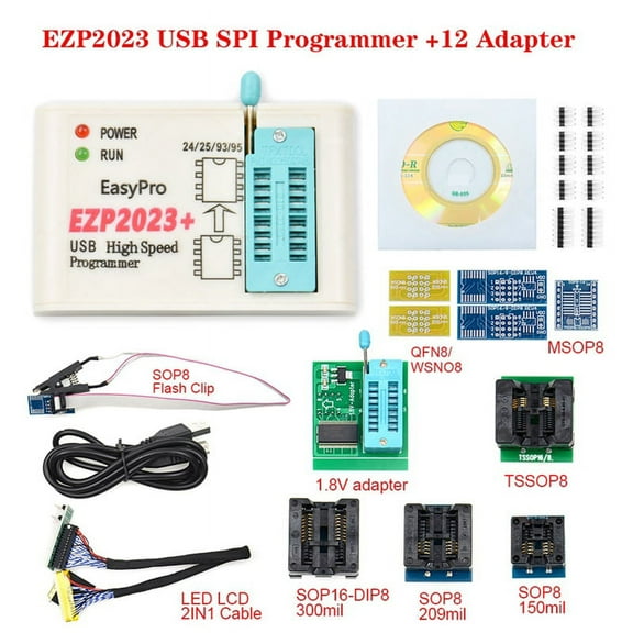 EZP2023+ High-Speed SPI FLASH Programmer Full Set+12 Adapters Support 24/25/93/95 EEPROM Bios 25T80 Burning Offline Copy,White