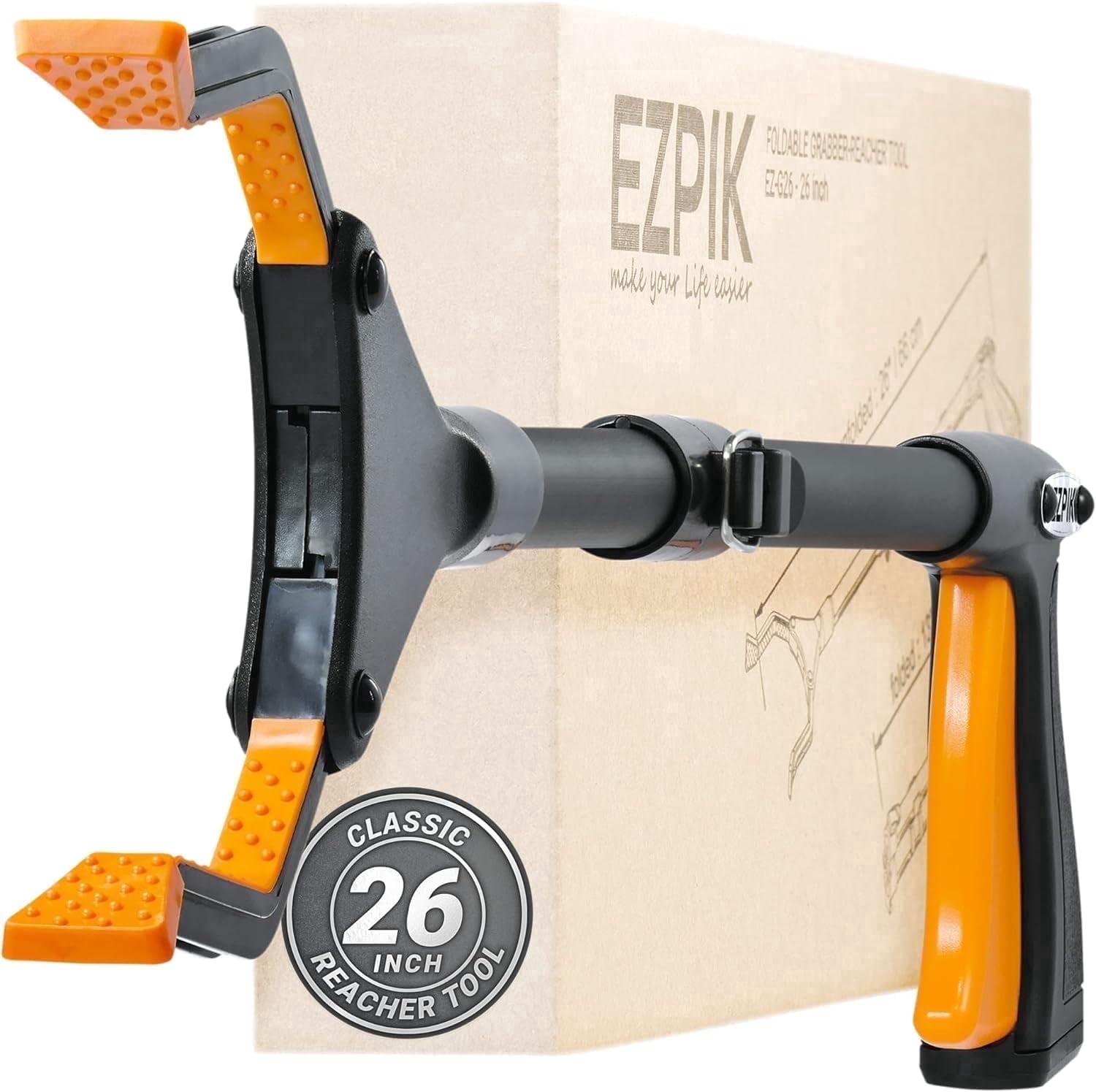 EZPIK Grabber Reacher Tool for Seniors, 26" Rotating Head Magnetic Reaching Aid – Classic Silver