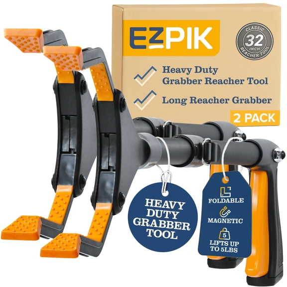 EZPIK Grabber Reacher Tool for Seniors, 32" Flexible Folding Magnetic Reacher, Heavy-Duty Rotating Claw, 2-Pack – Classic Black