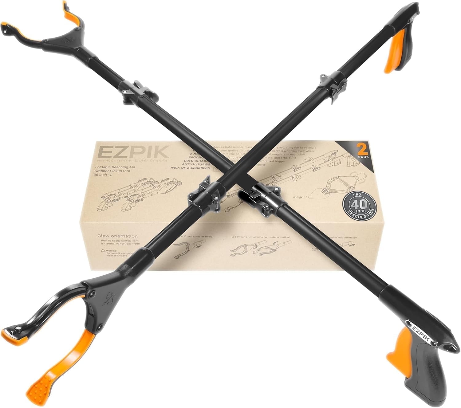 EZPIK 40" Grabber Reacher Tool for Seniors, Folding Magnetic Pickup Stick with Rotating Claw, 2-Pack, Pro Black