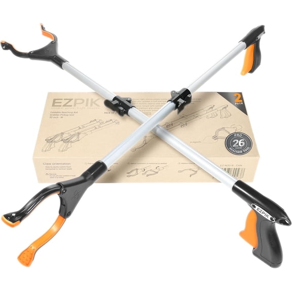 EZPIK 26" Grabber Reacher Tool for Seniors, Folding Magnetic Pickup Stick with Rotating Claw, 2-Pack, Pro Silver