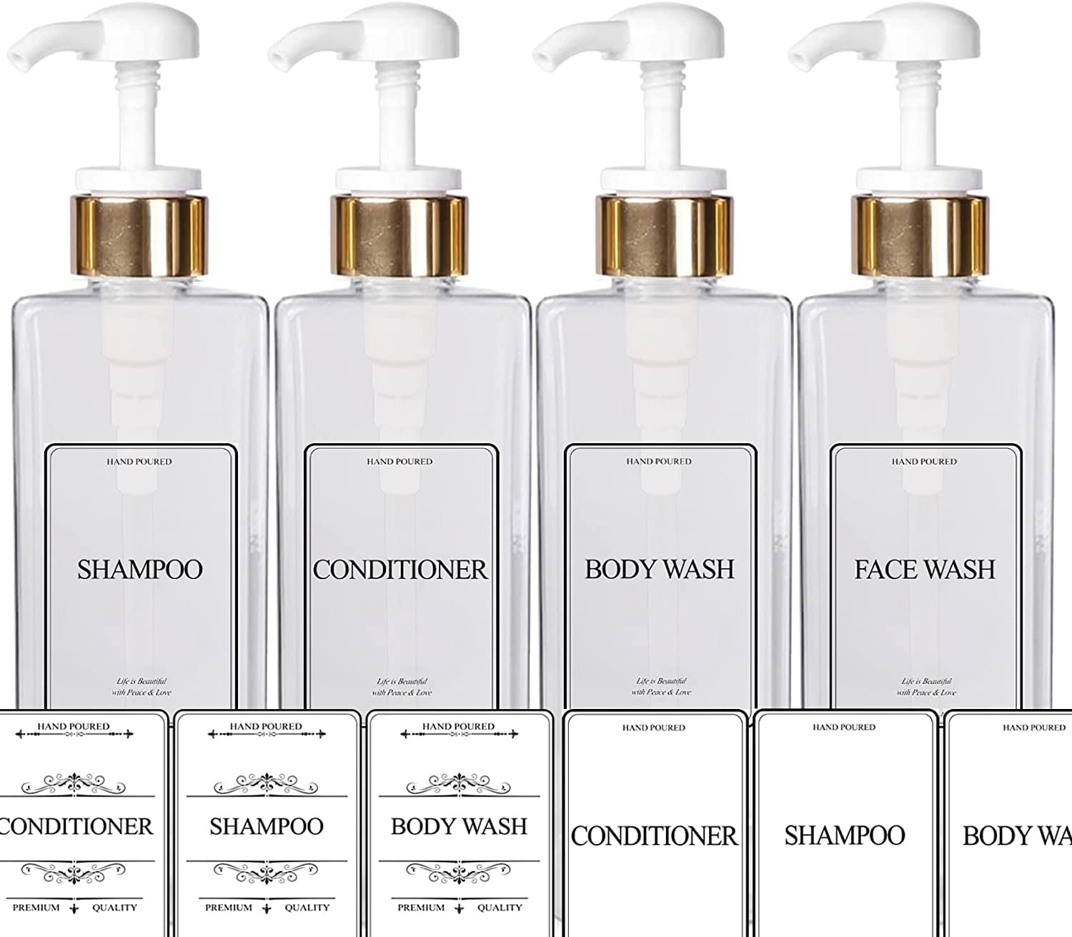 EZPRO USA Empty Plastic Bottles Pump Shampoo Conditioner Body Wash Face, in Shower Bath Soap Dispenser Reusable, Waterproof Labels Included, 27 oz 800 ml, Set of 4, Gold White, Clear Square Bottle