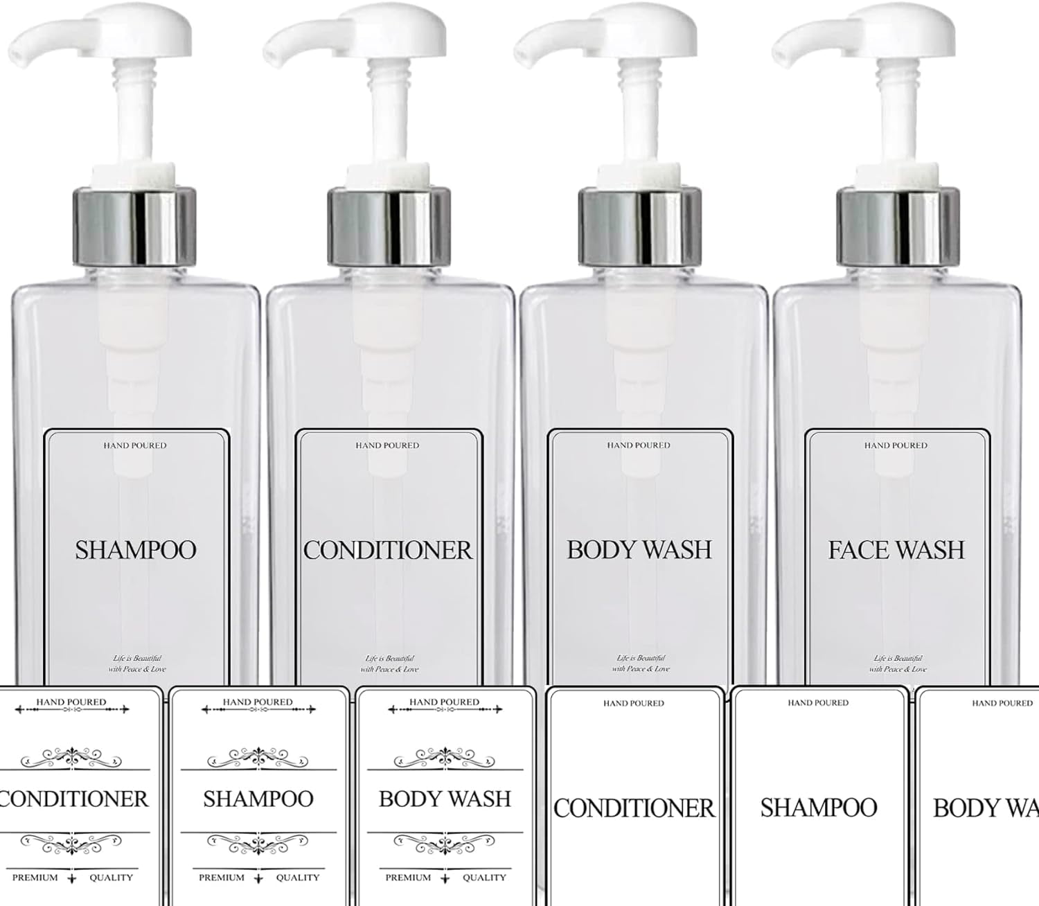 EZPRO USA Empty Plastic Bottles Pump Shampoo Conditioner Body Wash Face, in Shower Bath Soap Dispenser Reusable, Waterproof Labels Included, 27 oz 800 ml, Set of 4, Silver White, Clear Square Bottle