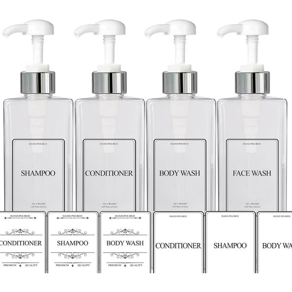 EZPRO USA Empty Plastic Bottles Pump Shampoo Conditioner Body Wash Face, in Shower Bath Soap Dispenser Reusable, Waterproof Labels Included, 27 oz 800 ml, Set of 4, Silver White, Clear Square Bottle