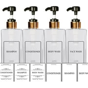 EZPRO USA Empty Plastic Bottles Pump Shampoo Conditioner Body Wash Face, in Shower Bath Soap Dispenser Reusable, Waterproof Labels Included, 27 oz 800 ml, Set of 4, Gold Black, Clear Square Bottle