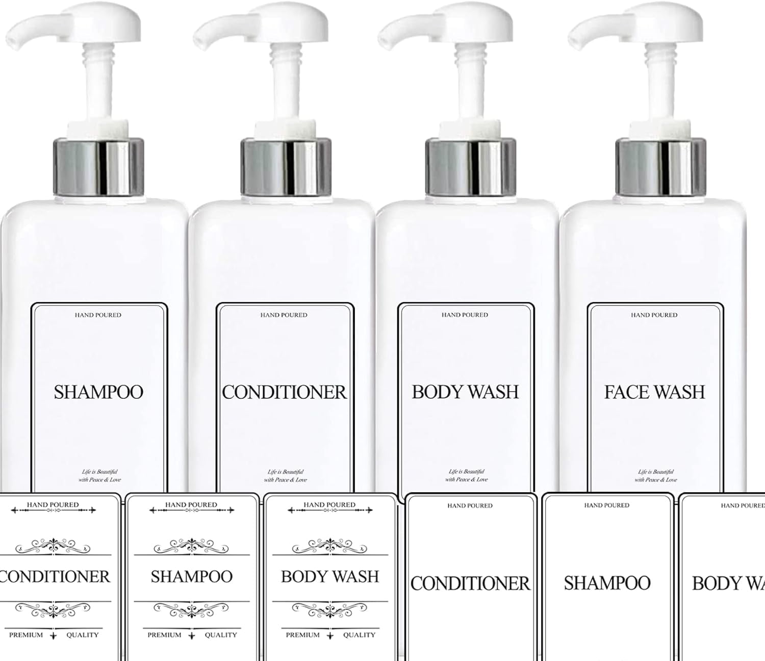 EZPRO USA Empty Plastic Bottles Pump Shampoo Conditioner Body Wash Face, in Shower Bath Soap Dispenser Reusable, Waterproof Labels Included, 27 oz 800 ml, Set of 4, Silver White, Opaque Square Bottle