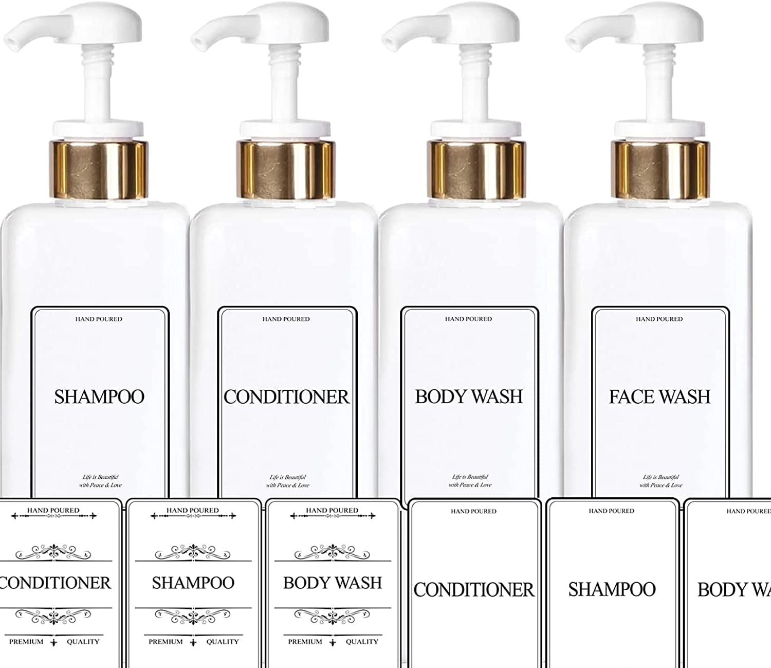 EZPRO USA Empty Plastic Bottles Pump Shampoo Conditioner Body Wash Face, in Shower Bath Soap Dispenser Reusable, Waterproof Labels Included, 27 oz 800 ml, Set of 4, Gold White, Opaque Square Bottle
