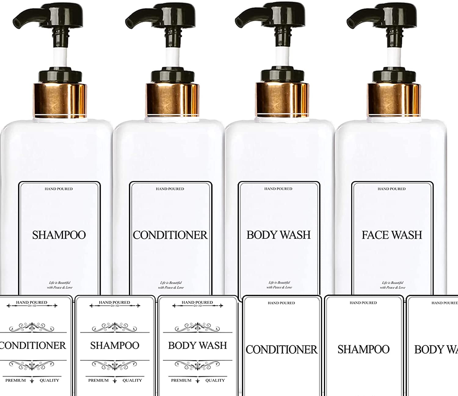 EZPRO USA Empty Plastic Bottles Pump Shampoo Conditioner Body Wash Face, in Shower Bath Soap Dispenser Reusable, Waterproof Labels Included, 27 oz 800 ml, Set of 4, Gold Black, Opaque Square Bottle