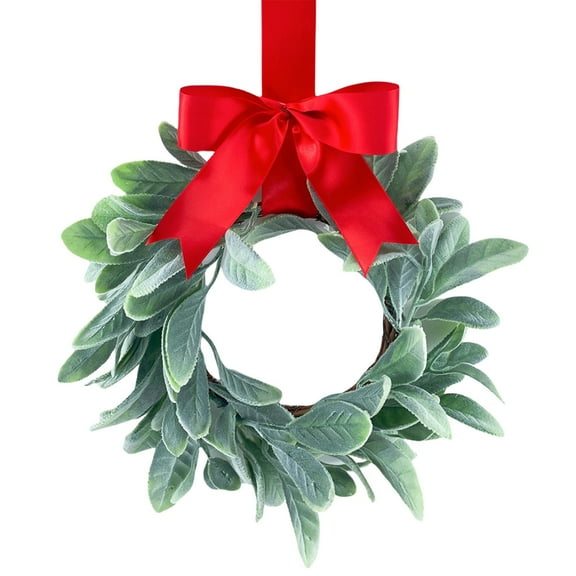 EZPXFCI 12.9 Inch Artificial Lamb Ear Wreath - Soft Greenery Wreath with Burlap Ribbon, Durable for Spring Summer Front Door, Farmhouse Kitchen Cabinet, Porch Railings & Window Sills Decor