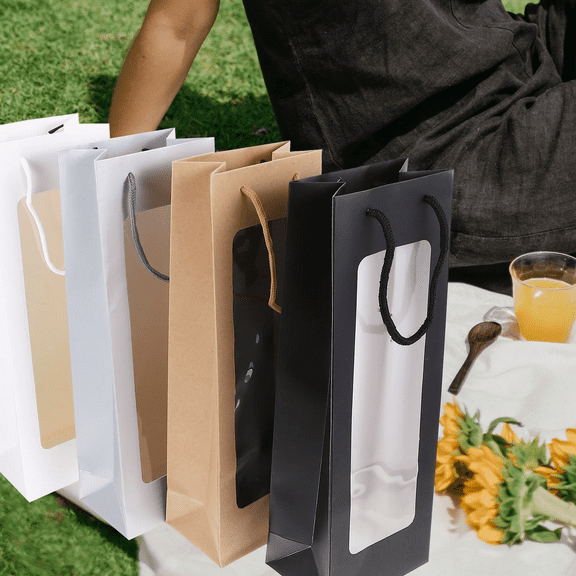 EZPXFCI 4 Pcs Christmas Single Wine Bottle Gift Bag Bulk Wedding Champagne Bags with Clear Window Reusable Holiday Boxes with Handles for Halloween Party