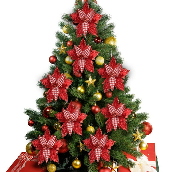 EZPXFCI 5 Inch Heads Christmas Glitter Poinsettia Flowers Picks Christmas Tree Ornaments, Artificial Flowers with Clips for Xmas Tree Party DIY Holiday Decorations