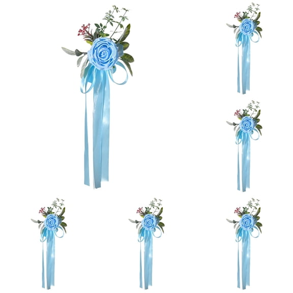 EZPXFCI 6 Pcs 17.72 Inch Blue Wedding Pew Flowers - Artificial Eucalyptus & Ribbons for Aisle Church Chair Ceremony Party Decorations