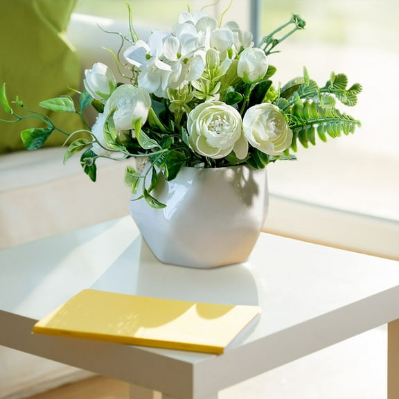 EZPXFCI Artificial Rose Bouquet with Small Ceramic Vase Fake Silk Variety Hydrangea Flowers Decoration for Table Home Party Office Wedding