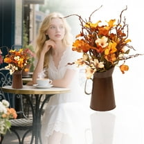 EZPXFCI Fall Artificial Flower with Metal Pot Vase Autumn Fake Bouquet Fall Vase Floral Arrangement Farmhouse Faux Potted Flowers Decoration for Home Kitchen Bedroom Festival Wedding Party Decor