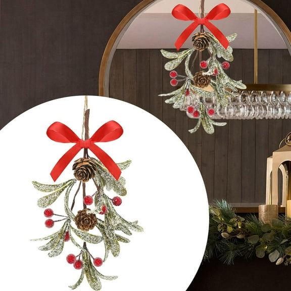 PLJFXXM Hanging Christmas Mistletoe Decoration 10 Inch– Artificial Floral Bouquet with Red Bow & Pine Cones, Festive Holiday Ornament Christmas Artificial Mistletoe for Xmas Home Decor