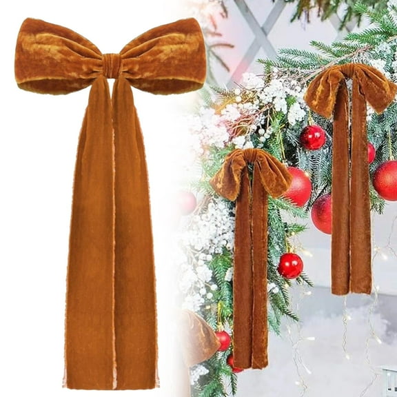 EZPXFCI Oversized Velvet Christmas Bow 17.7 Inch, Flocked Holiday Garland For Staircase Tree & Wall Decor Brown Festive Ribbon For Parties Weddings & Home Decorating