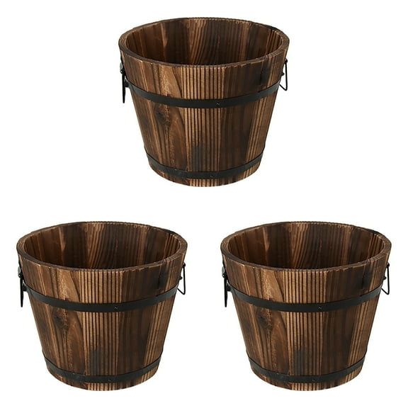 EZPXFCI Small Wooden Bucket Barrel Planters – 4.72 Inch Rustic Flower Planters Pots Boxes Container with Drainage Holes for Indoor Home Decor Small Plants, Brown Set of 3