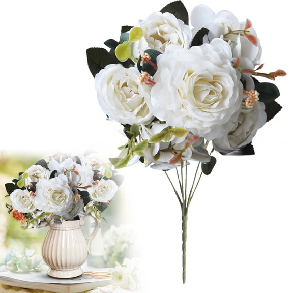 EZPXFCI White Flowers Artificial for Decoration, Fake Peony Silk Rose Flowers Hydrangea Bouquet Fall Floral Arrangement for Table Centerpieces Home Living Room Decor