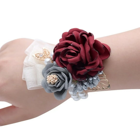 EZPXFCI Wrist Corsage with Faux Pearl Bracelet, Gold Elastic Wristband Wedding Hand Flower for Bride, Prom, Quinceanera, Party Decor