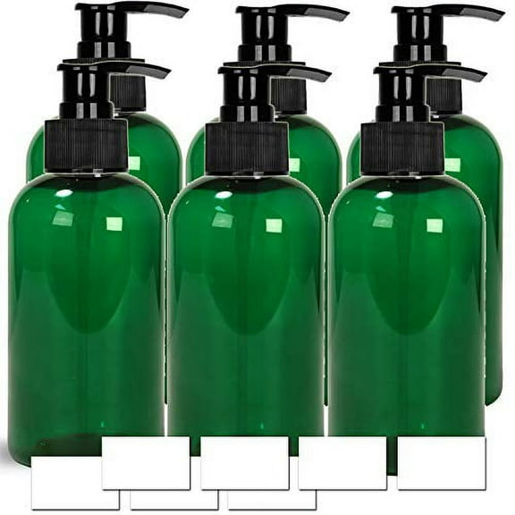 EZProUSA Empty Plastic Pump Bottles Shampoo Conditioner Lotion with Waterproof Labels, Essential Oils Refillable BPA-Free Leak-Proof, 16oz Green, Pack of 6