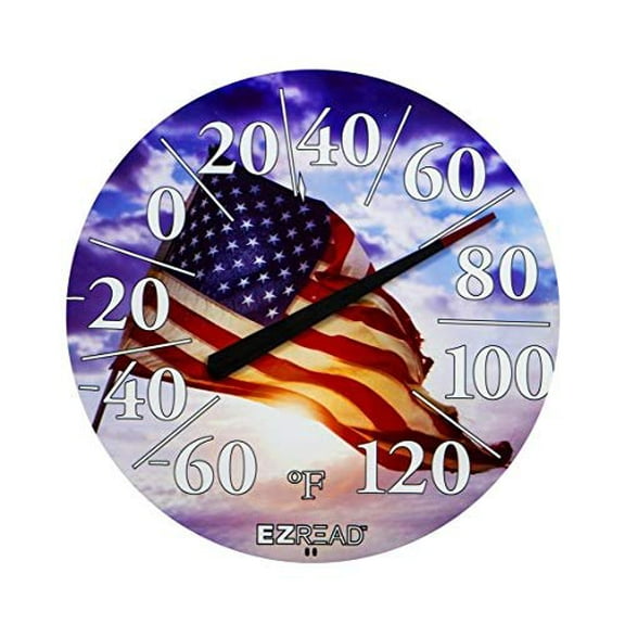 EZREAD Hanging Dial Thermometer 840-1221 Weather Thermometers for Indoor and Outdoor Use, Large 12.5 Inch Diameter, Easy to Read Numbers, American Flag