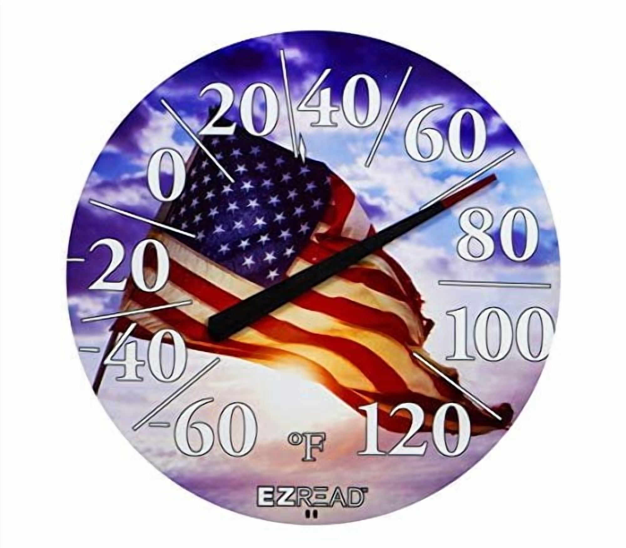 EZREAD Hanging Dial Thermometer 840-1221 Weather Thermometers for Indoor and Outdoor Use, Large 12.5 Inch Diameter, Easy to Read Numbers, American Flag