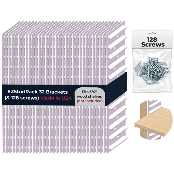 EZStudRack Adjustable Between Stud Shelf Brackets, White, 32 Pack (16 Pair)