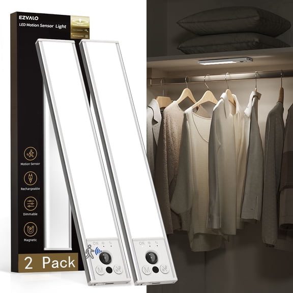 EZVALO 11.8in Under Cabinet Lighting, LED Motion Sensor Closet Lights Indoor, 3100mAh, Dimmable Rechargeable Magnetic Stick On Lights, Under Counter Lights for Kitchen, Pantry, Stairs - 2 Pack
