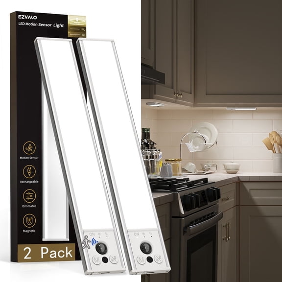 EZVALO Under Cabinet Lighting, 78 LED Motion Sensor Closet Lights Indoor, 4000mAh, Dimmable Rechargeable Magnetic Stick on Lights, Under Counter Lights for Kitchen, Pantry, Stairs, 2 Pack