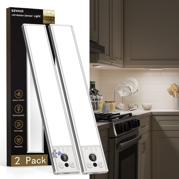 EZVALO Under Cabinet Lighting, LED Motion Sensor Closet Lights Indoor, 4000mAh, Dimmable Rechargeable Magnetic Stick On Lights, Under Counter Lights for Kitchen, Pantry, Stairs - 2 Pack