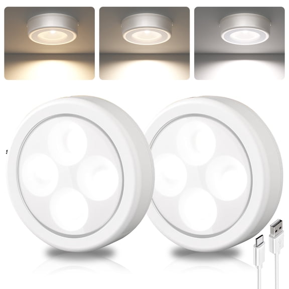 EZVALO LED Puck Lights, Rechargeable Tap Touch Lights, 3 Color Temps Stepless Dimmable, 2.5'' Mini Under Cabinet Light, Wireless Stick-On Closet Light for Kitchen, Drawer - 2 Pack