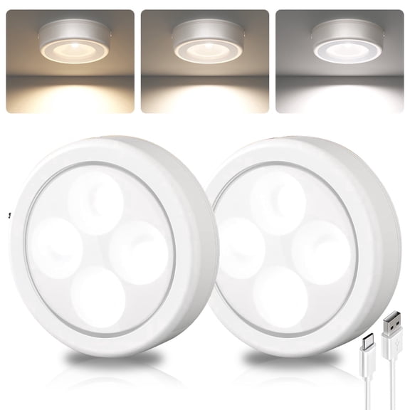 EZVALO LED Puck Lights, Closet Light Rechargeable, 2.95'' Mini Tap Lighting, 3 Light Colors, Stick on Install for Kitchen, Cabinet, Locker, 2 Pack