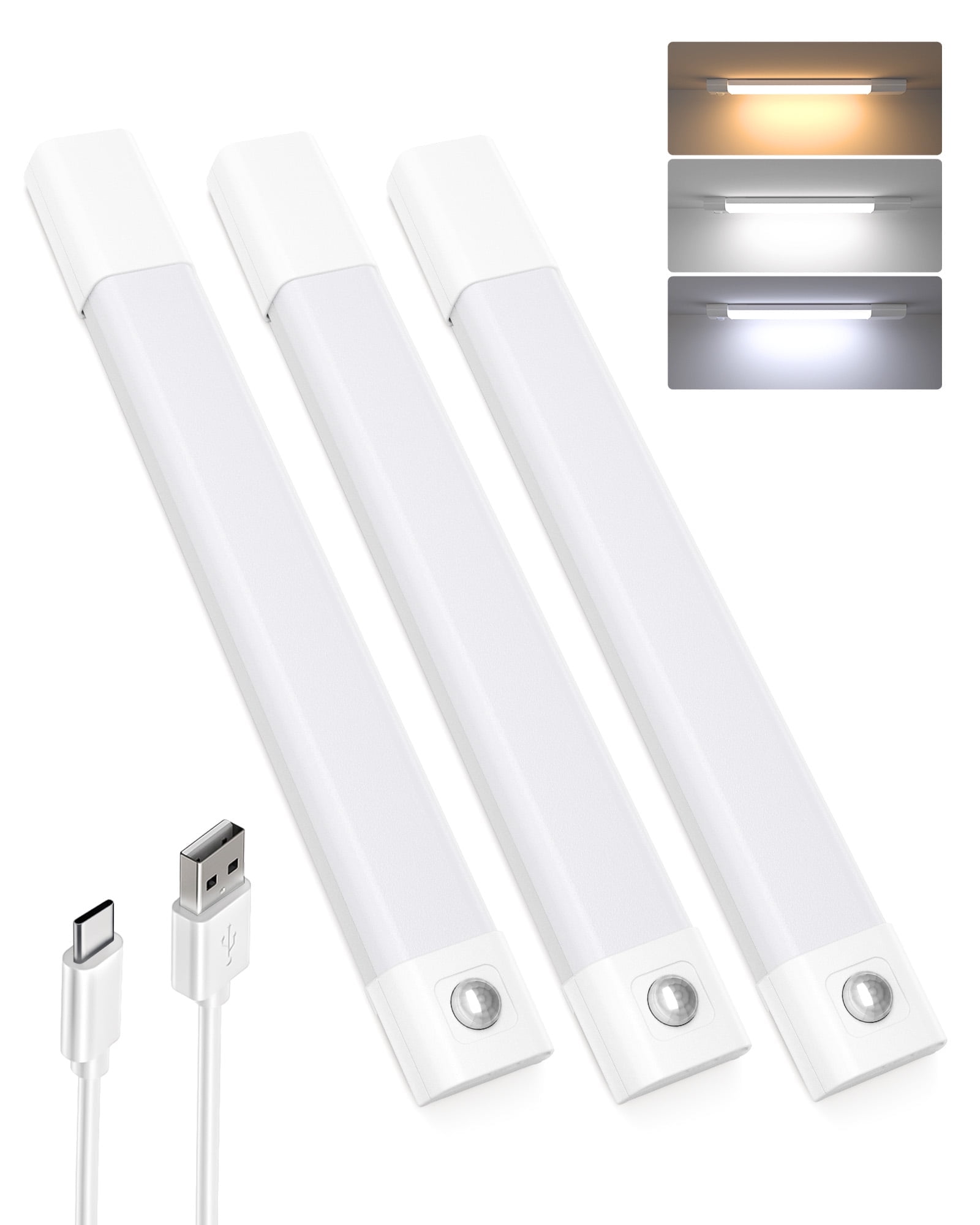 EZVALO 3 pack 11.81" Under Cabinet Lighting, Wireless LED Closet Lights, Rechargeable Motion Sensor Light indoor, 3 Color Temps for Kitchen, Pantry