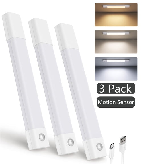 EZVALO 3-Pack 8'' Under Cabinet Lights, 50 LED Motion Sensor Closet Lights, USB Rechargeable Wireless Cabinet Lighting, 3 Color Temps Magnetic Light for Kitchen, Pantry