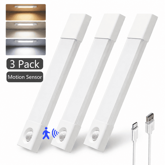 EZVALO 3-Pack 8'' Under Cabinet Lights, 50 LED Motion Sensor Closet Lights, USB Rechargeable Wireless Cabinet Lighting, 3 Color Temps Magnetic Light for Kitchen, Pantry
