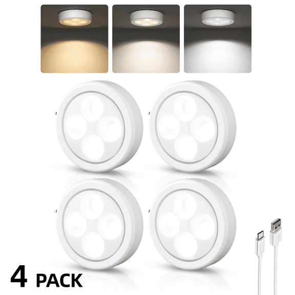 EZVALO Rechargeable Tap Lights, 2.95'' Mini LED Puck Lights, 3 Color Temps Dimmable, Stick on Push Lights for Kitchen Cabinet, Pantry, Closet, 4 Pack
