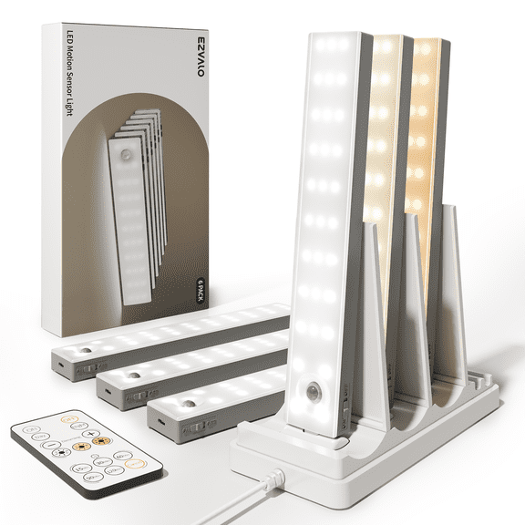 EZVALO 56 LED Rechargeable Under Cabinet Lights with Charging Station, 2000mAh Motion Sensor Closet Lighting Kit with Remote, 3 Color Temps, Stepless Dimming & Timer for Kitchen, 6 Pack