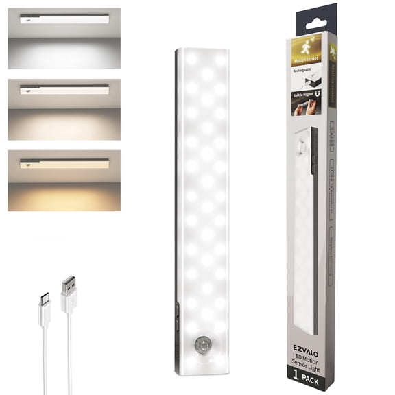 EZVALO 56 LED Under Cabinet Light, Wireless Motion Sensor Closet Light with 2000mAh Rechargeable, 3 Color Temps & Stepless Dimming, Magnetic Night Light for Kitchen, Pantry, Wardrobe