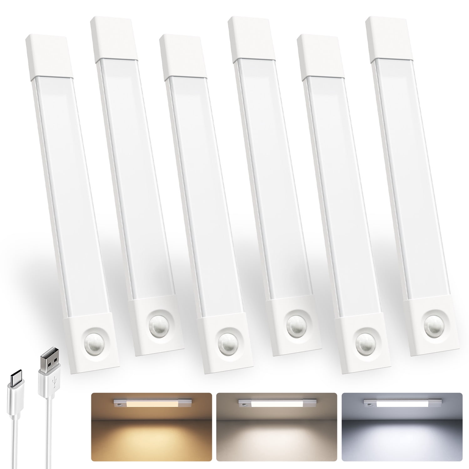 EZVALO 6-Pack 11.8'' Under Cabinet Lighting, 50 LED Motion Sensor Closet Lights, USB Rechargeable Wireless Cabinet Lighting, 3 Color Temps Magnetic Light for Kitchen, Pantry