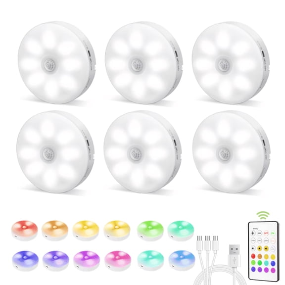 EZVALO LED Puck Lights with Remote, Rechargeable Under Cabinet Lights, 3 Color Temps & 12 RGB Colors, Dimmable Magnetic Stick-On Lights for Kitchen Closet, 6-Pack